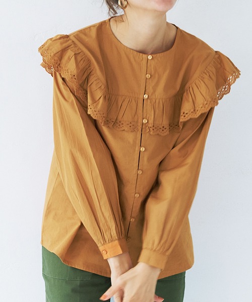 coca(coca)(コカ)の「コットン刺繍フリルブラウス(シャツ/ブラウス・レディース・キャメル/ホワイト・M/L)」の1枚目の写真
