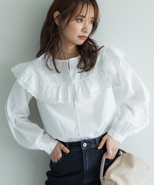 coca(coca)(コカ)の「コットン刺繍フリルブラウス(シャツ/ブラウス・レディース・キャメル/ホワイト・M/L)」の2枚目の写真