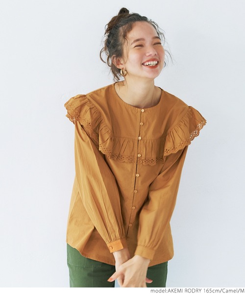 coca(coca)(コカ)の「コットン刺繍フリルブラウス(シャツ/ブラウス・レディース・キャメル/ホワイト・M/L)」の9枚目の写真
