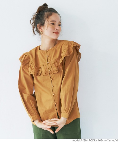 coca(coca)(コカ)の「コットン刺繍フリルブラウス(シャツ/ブラウス・レディース・キャメル/ホワイト・M/L)」の7枚目の写真