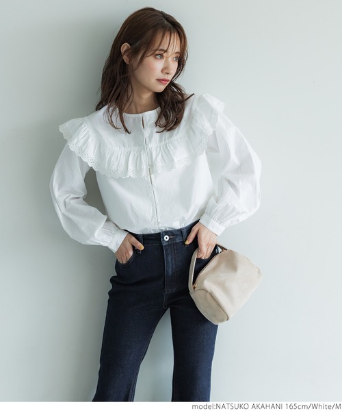 coca(coca)(コカ)の「コットン刺繍フリルブラウス(シャツ/ブラウス・レディース・キャメル/ホワイト・M/L)」の5枚目の写真