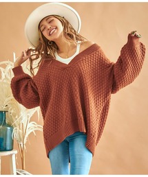 深Vネックポップコーンニットプルオーバー