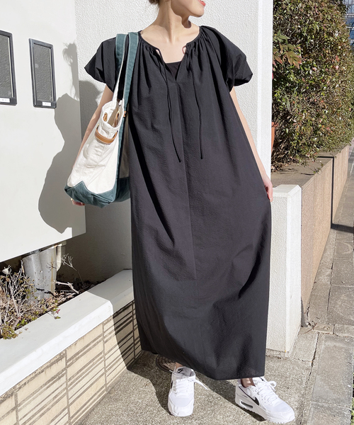 チェックパフスリーブフリルスプリットワンピース＋ショートパンツ