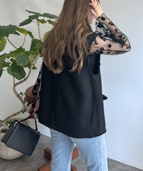 prose verse（プロズヴェール）の「フロッキフラワーシアートップス（Tシャツ/カットソー・レディース・ブラック/モカ・ﾌﾘ-）」の6枚目の写真