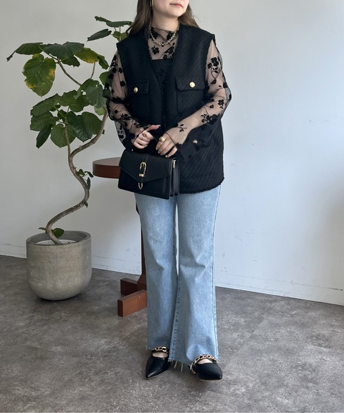 prose verse（プロズヴェール）の「フロッキフラワーシアートップス（Tシャツ/カットソー・レディース・ブラック/モカ・ﾌﾘ-）」の12枚目の写真