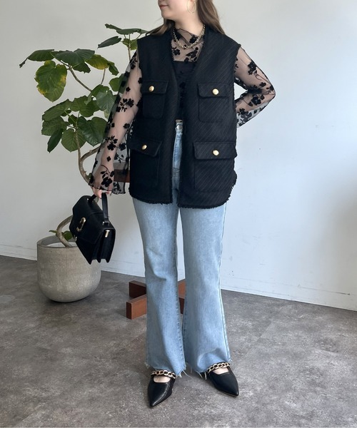 prose verse（プロズヴェール）の「フロッキフラワーシアートップス（Tシャツ/カットソー・レディース・ブラック/モカ・ﾌﾘ-）」の4枚目の写真