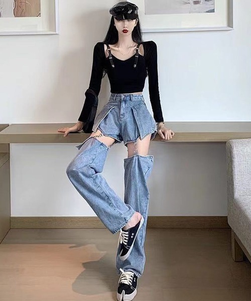 shopnikoniko（ショップニコニコ）の「2way ハイウエスト セパレートデニム ウエスト調節可能（デニムパンツ・レディース・ブルー・フリー）」の3枚目の写真