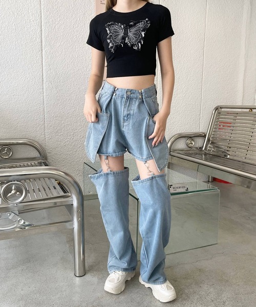 shopnikoniko（ショップニコニコ）の「2way ハイウエスト セパレートデニム ウエスト調節可能（デニムパンツ・レディース・ブルー・フリー）」の15枚目の写真