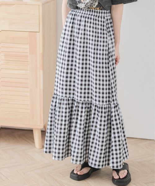 45R 新品未使用コットンリネンクシュクシュギンガムスカート 45R コットンリネンの縮絨ギンガムチェックスカート フリーサイズ ブルー