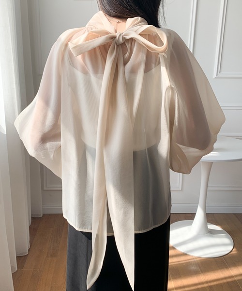 ブラウス シャツ バックシアーリボンパフスリーブブラウス レディース WEB限定セール☆1690円→550円 ブラウス レディース シアー