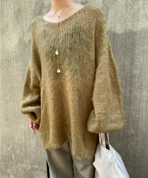 AIC.(エーアイシー)の「起毛加工メッシュ編みオーバーサイズニット(ニット/セーター・レディース・ブラック/グレー/オリーブ/ブルー・FREE)」の14枚目の写真