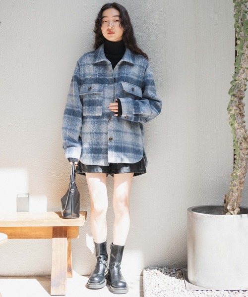 WEGO（ウィゴー）の「WEGO/シャギーチェックCPOジャケット（ステンカラーコート・レディース・ベージュ系その他2/ブルー系その他2・FREE）」の4枚目の写真