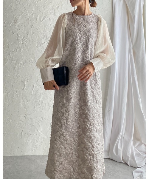 試着のみ　CADUNE　ジャガードドッキングワンピース　パール　ロング　長袖　黒 セール】【低身長向け/高身長向けサイズあり】異素材切り替え