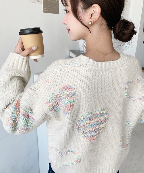 ジャーフル　レディース　フルオーダー セール】ミックスカラーハートジャガードニットプルオーバー