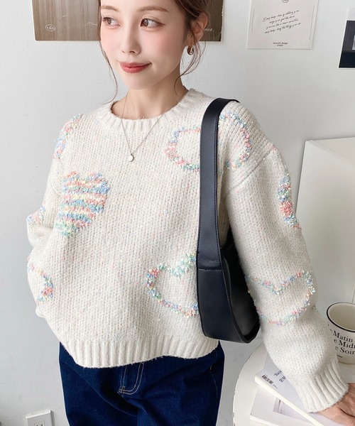 新品・タグ付き ザラ×メゾンスペシャル ジャガードニット ピンク L〜XL セール】ミックスカラーハートジャガードニットプルオーバー