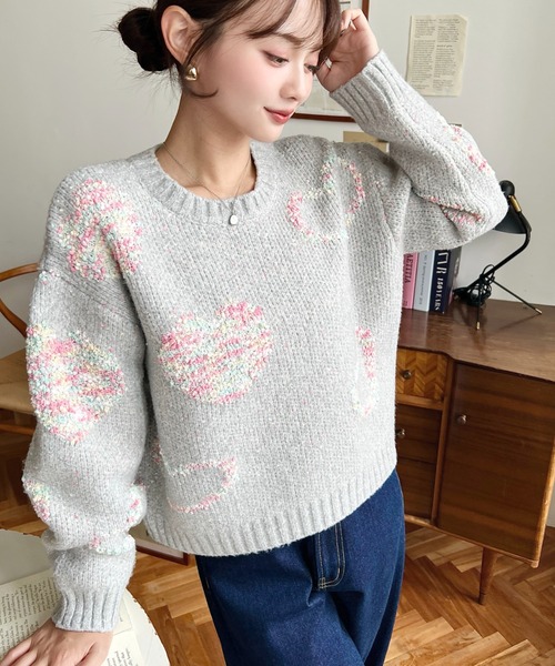 セール】ミックスカラーハートジャガードニットプルオーバー