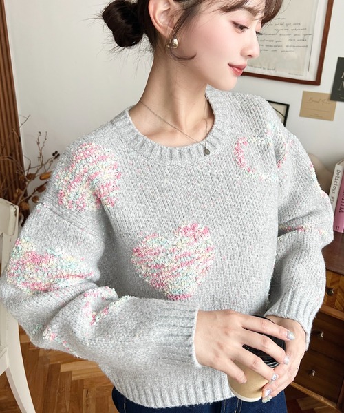 ジャーフル　レディース　フルオーダー セール】ミックスカラーハートジャガードニットプルオーバー
