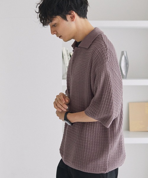 MONO-MART(モノマート)の「ジャガードメッシュニットルーズポロシャツ(ポロシャツ・メンズ・ブラック/スモークピンク/チャコール/ブルー系/ブラウン/ライトグレー/ダークネイビー・M/L)」の20枚目の写真