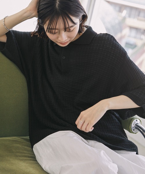 MONO-MART(モノマート)の「ジャガードメッシュニットルーズポロシャツ(ポロシャツ・メンズ・ブラック/スモークピンク/チャコール/ブルー系/ブラウン/ライトグレー/ダークネイビー・M/L)」の13枚目の写真