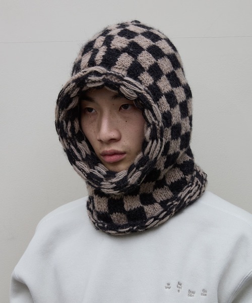 BAL（バル）の「【BAL（バル）/2024秋冬】CHECKERED HAND KNIT  BALACLAVA（ニットキャップ/ビーニー・メンズ・ブラウン/ブラック・FREE）」の3枚目の写真