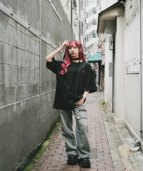 DEVICE(デバイス)の「コットン 100 プレーン ハート ワンポイント ビッグシルエット 刺繍T(Tシャツ/カットソー・レディース・ホワイト/ブラック・FREE)」の9枚目の写真