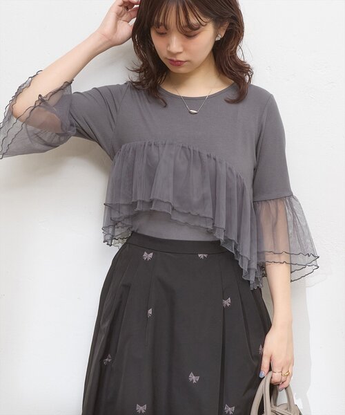 natural couture(ナチュラルクチュール)の「osonoアシメチュール切替カットソートップス(Tシャツ/カットソー・レディース・オフホワイト/グレー/モカ・FREE)」の11枚目の写真