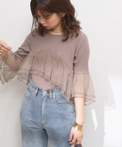 natural couture(ナチュラルクチュール)の「osonoアシメチュール切替カットソートップス(Tシャツ/カットソー・レディース・オフホワイト/グレー/モカ・FREE)」の15枚目の写真