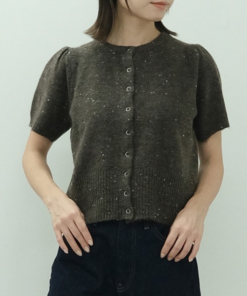 カーディガン パフスリーブ半袖ネップカーディガン / 半袖 夏 秋 ニットトップス レディース セール】パフスリーブ半袖ネップカーディガン / 半袖 夏 秋