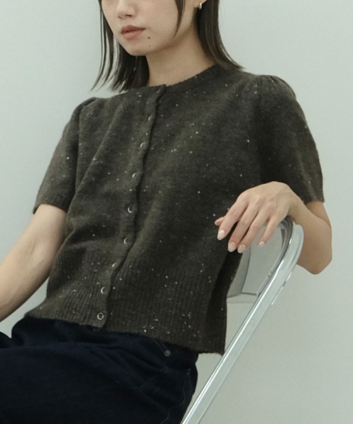 カーディガン パフスリーブ半袖ネップカーディガン / 半袖 夏 秋 ニットトップス レディース セール】パフスリーブ半袖ネップカーディガン / 半袖 夏 秋