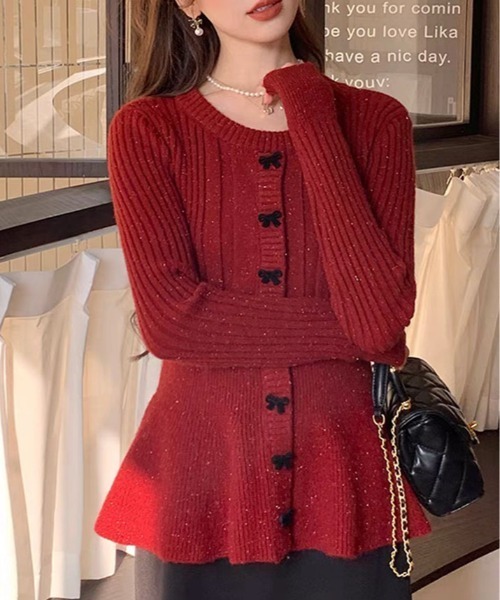 kirakiraShop(キラキラショップ)の「リボン ボタン ペプラム ラメ ニット プルオーバー(ニット/セーター・レディース・ブラック/ホワイト/レッド・FREE)」の6枚目の写真