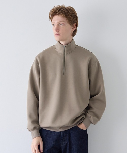 セール】ハリ感ソフトスウェット ハーフジップトップス