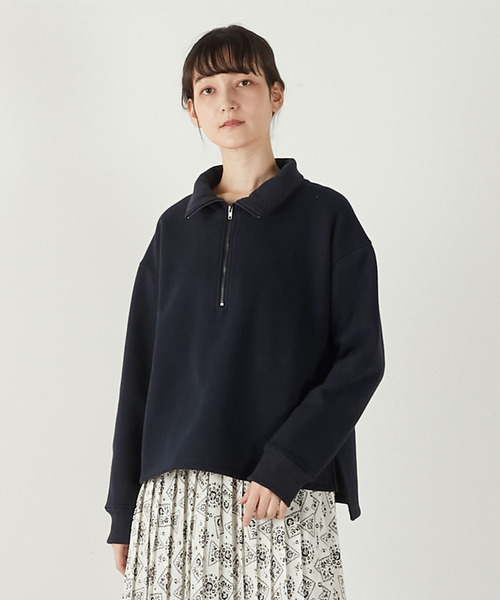 MELROSE claire（メルローズ クレール）の「【裏起毛＋リブ使いのハーフジッププルオーバー】（Tシャツ/カットソー・レディース・ピンク/ダークネイビー/オフホワイト・FREE）」の3枚目の写真