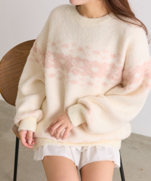 OLIVE des OLIVE（オリーブデオリーブ）の「リボンジャガードニット（ニット/セーター・レディース・オフホワイト/レッド/ブラック・FREE）」の4枚目の写真