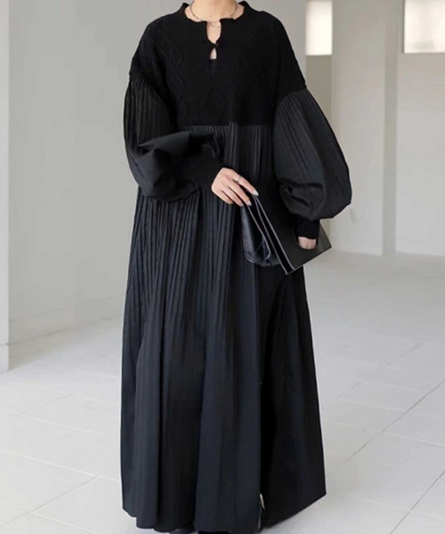 キーネック胸ニット切替ドッキングプリーツワンピース(ワンピース)|CADBURY(キャドバリー)