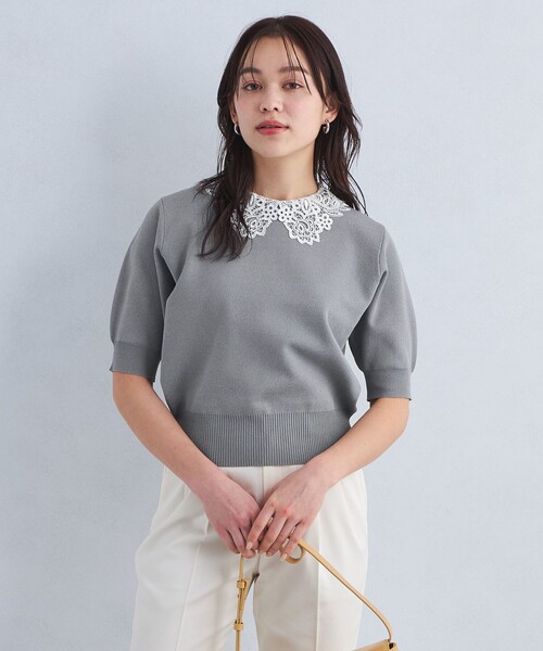 green label relaxing（グリーンレーベルリラクシング）の「襟レース 2WAY ショートスリーブ ニット プルオーバー -ウォッシャブル-（ニット/セーター・レディース・オフホワイト/ネイビー/グレー・FREE）」の3枚目の写真