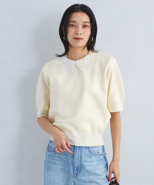 green label relaxing（グリーンレーベルリラクシング）の「襟レース 2WAY ショートスリーブ ニット プルオーバー -ウォッシャブル-（ニット/セーター・レディース・オフホワイト/ネイビー/グレー・FREE）」の9枚目の写真