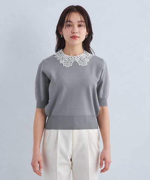 green label relaxing（グリーンレーベルリラクシング）の「襟レース 2WAY ショートスリーブ ニット プルオーバー -ウォッシャブル-（ニット/セーター・レディース・オフホワイト/ネイビー/グレー・FREE）」の14枚目の写真