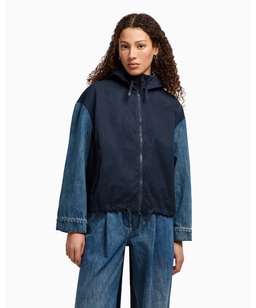 【A|X アルマーニ エクスチェンジ】BE コットンツイル×デニム フーデッドブルゾン