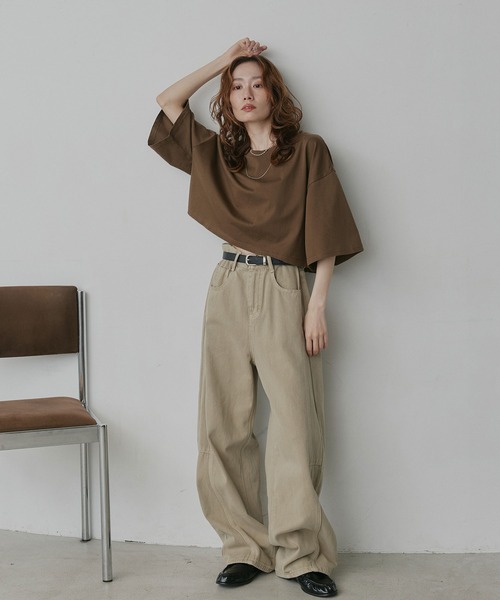 ad thie(アドティエ)の「ベーシック ショート丈 Tシャツ(Tシャツ/カットソー・レディース・ブラック×ホワイト/レッド/ミント/チャコール/オフホワイト/ナチュラル/ブルー/ライトブルー/ブラック/ブラウン・FREE)」の13枚目の写真