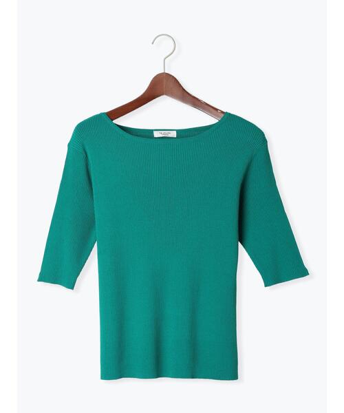 Te chichi TERRASSE（テチチテラス）の「ボートネックハーフスリーブリブニット（ニット/セーター・レディース・ブラック/オフホワイト/グリーン/イエロー・F）」の4枚目の写真