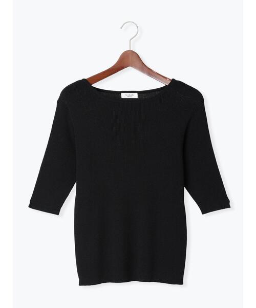 Te chichi TERRASSE（テチチテラス）の「ボートネックハーフスリーブリブニット（ニット/セーター・レディース・ブラック/オフホワイト/グリーン/イエロー・F）」の3枚目の写真