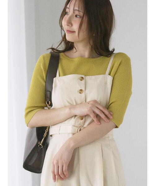 Te chichi TERRASSE（テチチテラス）の「ボートネックハーフスリーブリブニット（ニット/セーター・レディース・ブラック/オフホワイト/グリーン/イエロー・F）」の7枚目の写真