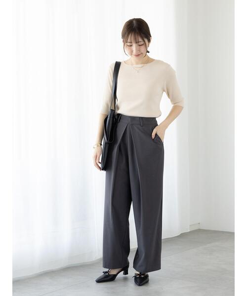 Te chichi TERRASSE（テチチテラス）の「ボートネックハーフスリーブリブニット（ニット/セーター・レディース・ブラック/オフホワイト/グリーン/イエロー・F）」の8枚目の写真