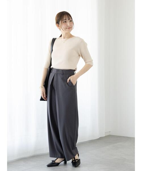 Te chichi TERRASSE（テチチテラス）の「ボートネックハーフスリーブリブニット（ニット/セーター・レディース・ブラック/オフホワイト/グリーン/イエロー・F）」の9枚目の写真