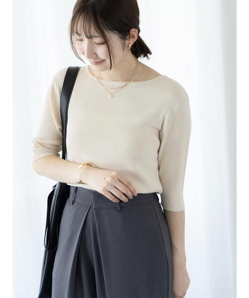 Te chichi TERRASSE（テチチテラス）の「ボートネックハーフスリーブリブニット（ニット/セーター・レディース・ブラック/オフホワイト/グリーン/イエロー・F）」の10枚目の写真