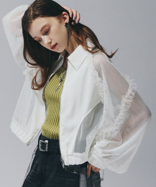 HARE ラメ メッシュ フリル ブルゾン ジャケット ブラック シースルー HARE ラメ メッシュ フリル ブルゾン ジャケット ブラック