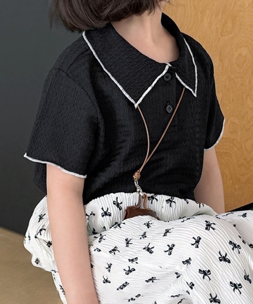 aimoha（アイモハ）の「【aimoha-KIDS-】配色パイピング半袖ニットポロシャツ（ポロシャツ・キッズ・ホワイト/ブラック・120/130/140/150/160）」の8枚目の写真