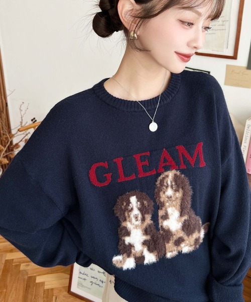 セール】Wジャガードドッグ&キャット長袖ニットプルオーバー（ニット