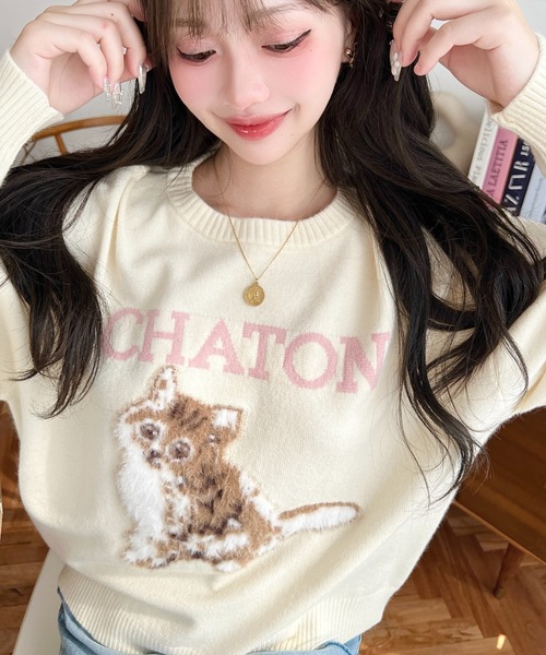 moment+(モーメントプラス)の「Wジャガードドッグ&キャットニットプルオーバー(ニット/セーター・レディース・ネイビー/グレー/チャコールグレー/アイボリー/ホワイト系/グレー系/ネイビー系・M)」の2枚目の写真