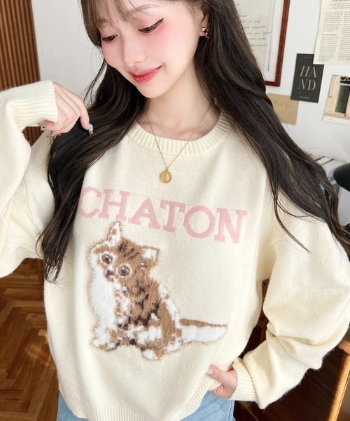 moment+(モーメントプラス)の「Wジャガードドッグ&キャットニットプルオーバー(ニット/セーター・レディース・ネイビー/グレー/チャコールグレー/アイボリー/ホワイト系/グレー系/ネイビー系・M)」の9枚目の写真